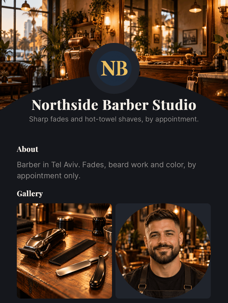 The BookedUp booking page for Northside Barber Studio: a dark hero with the studio's logo, its name and one line about it, then an About section and the start of its Gallery