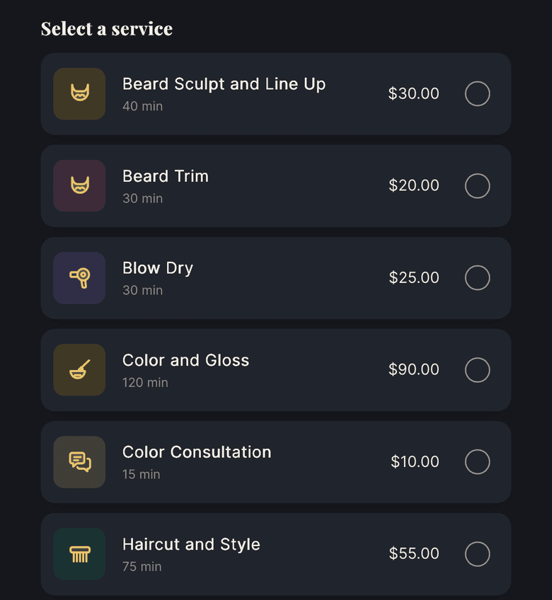 The BookedUp booking page for Northside Barber Studio, Select a service: Beard Sculpt and Line Up ($30, 40 min), Beard Trim ($20, 30 min), Blow Dry ($25, 30 min), Color and Gloss ($90, 120 min), Color Consultation ($10, 15 min) and Haircut and Style ($55, 75 min)