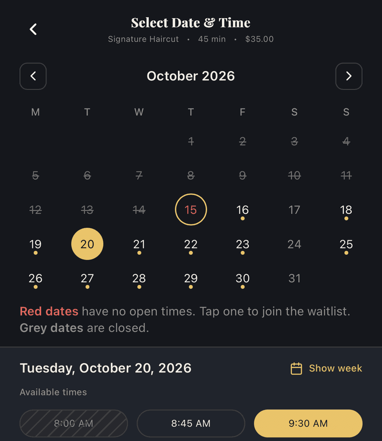 The BookedUp date and time picker for a Signature Haircut: October 2026, Tuesday 20 selected, 8:00 AM shown as booked and 9:30 AM selected