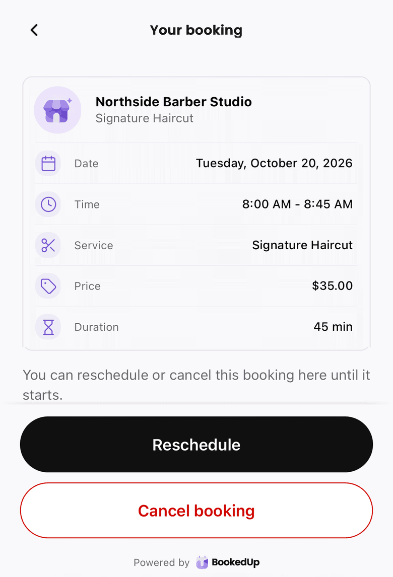 A client’s own BookedUp booking: Northside Barber Studio, Signature Haircut on Tuesday, October 20, 2026 from 8:00 AM to 8:45 AM, $35.00, 45 min, with a Reschedule button and a Cancel booking button