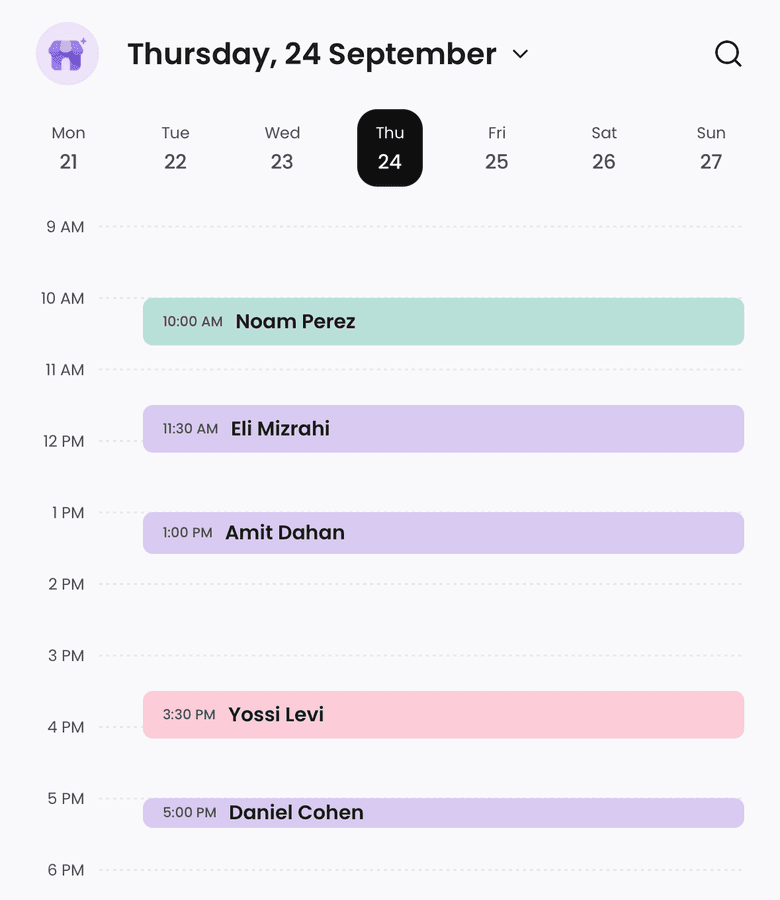 The BookedUp calendar on Thursday, 24 September, with a week strip from Monday 21 to Sunday 27 and Thursday selected, and five bookings down the day from 10 AM to 5 PM: Noam Perez, Eli Mizrahi, Amit Dahan, Yossi Levi and Daniel Cohen